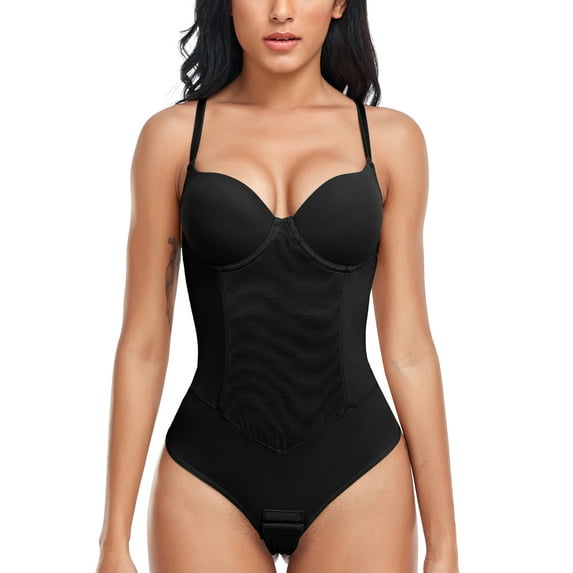 Anyfit Wear Shapewer Bodysuit for Women Tummy Control Thong Bodysuit Seamless Body Shaper with Underwire Bra Jumpsuit Tops Black M