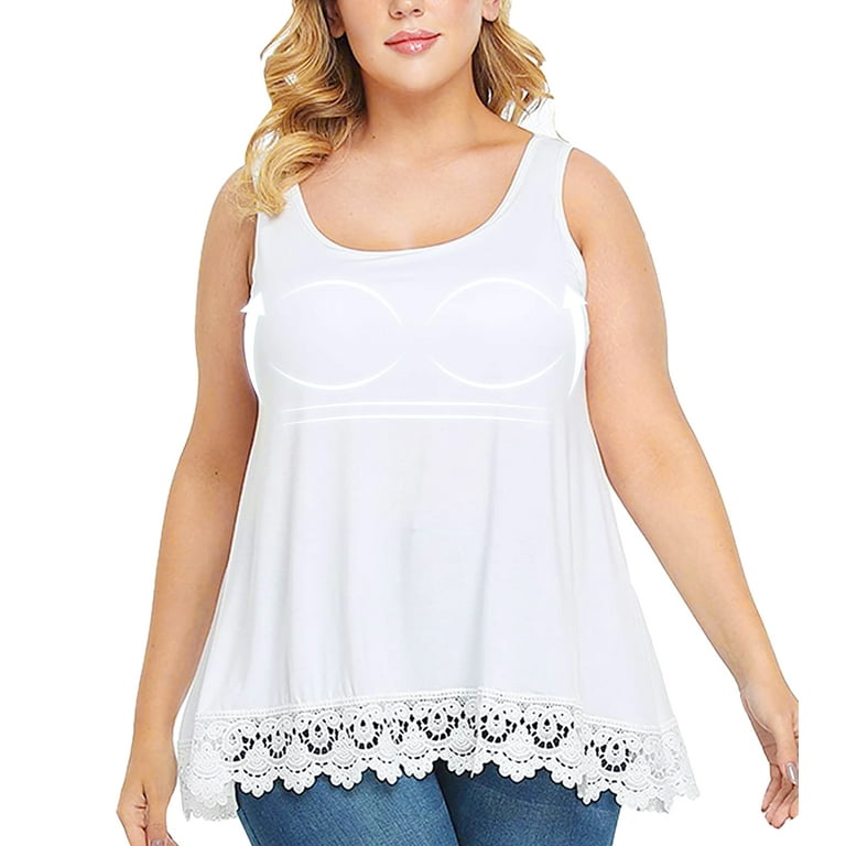 Anyfit Wear Tank Top for Women with Shelf Bra Summer Flowy Lace Crewneck  Shirts Plus Size Tank Blouse Top White L