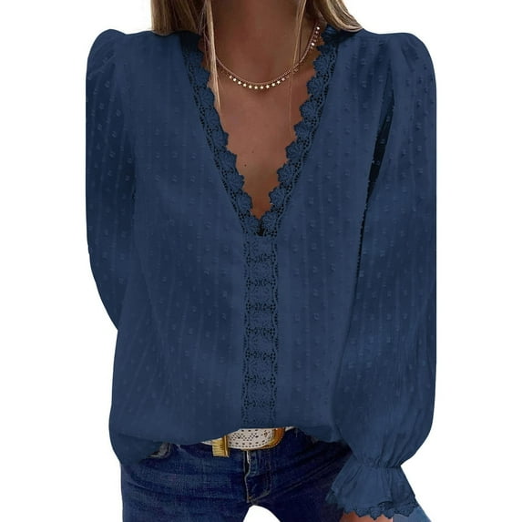 Anyfit Wear Women V Neck Chiffon Blouse Swiss Dot Tops Solid Long Sleeve Casual Pom Pom Work ShirtsNavyS