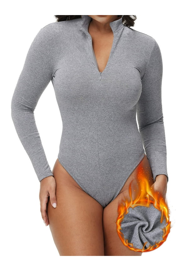 Women's Mock Turtle Neck Fleece Lined Zip Up Thong Bodysuit Long Sleeve Shirt Going Out Tops for Cold Weather