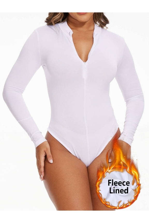 Women's Mock Turtle Neck Fleece Lined Zip Up Thong Bodysuit Long Sleeve Shirt Going Out Tops for Cold Weather
