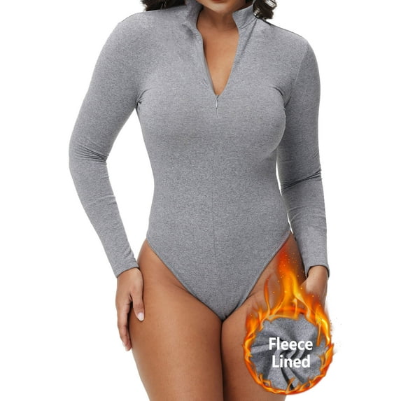 ANYFIT WEAR Women's Mock Turtle Neck Fleece Lined Zip Up Thong Bodysuit Long Sleeve Shirt Going Out Tops for Cold Weather