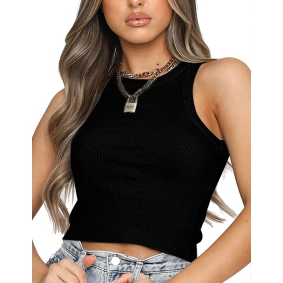 Anyfit Wear Womens Sleeveless Racerback Basic Tee Shirt Lightweight Ribbed Crop Top Black Large