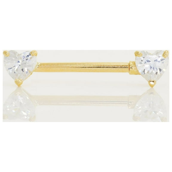 Anygolds 14K REAL Solid Gold Double Heart Cubic Zirconia CZ Straight Barbell Nipple Ring Body Piercing Jewelry 14Gauge MBJ4530-CZY - Yellow Gold