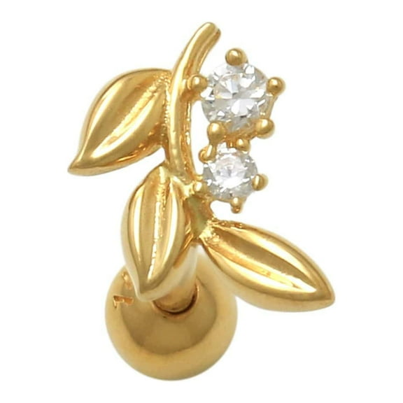 Anygolds 14K Real Solid Gold 0.024ctw Diamond Olive Leaf Ear Post Stud Piercing Earring Body Jewelry 18Gauge Right - MBJ4729-6Y Yellow Gold