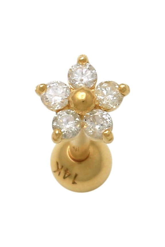 14K Real Solid Gold Adults' Diamond Flower Stud, Multi-Post 18G