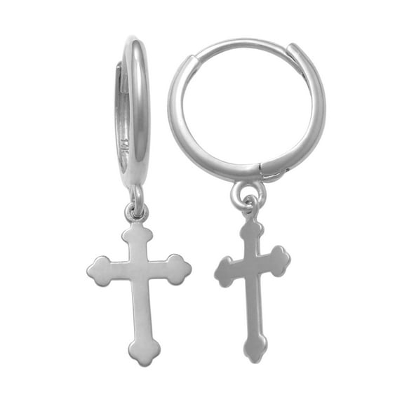 Anygolds 14K Real Solid Gold Cross Drop Hoop Earring Dangle Drop Huggie Hoop Earring - MOT47136W White Gold