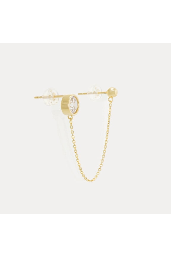 14K Real Solid Gold Cubic Zirconia Stud Ball with Chain Stud Earrings, Earlobe Cartilage Helix Tragus Ear Post Stud Earrings - MJE55020-CZY Yellow Gold