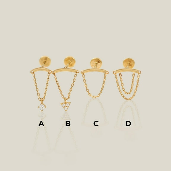 Anygolds 14K Real Solid Gold Curved Bar Chain Dangle Stud Earring, 4 Styles, 18G