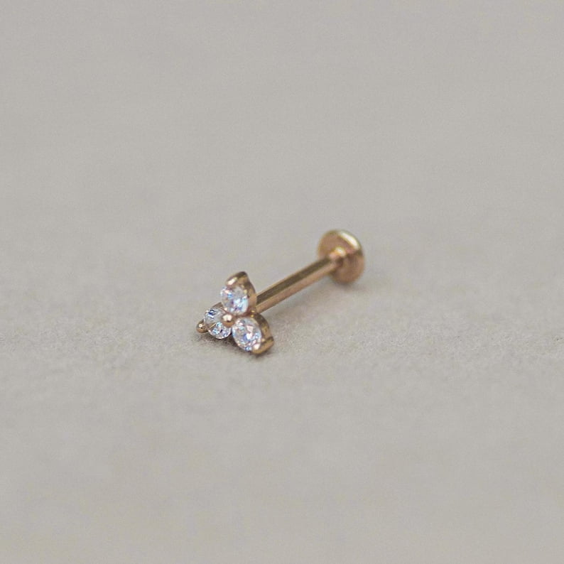Anygolds 14K Real Solid Gold Fine Jewelry Lotus Trinity CZ Stud ...