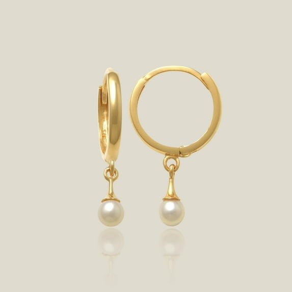 Anygolds 14K real solid Gold Dainty Pearl Huggie Drop Clicker Earring