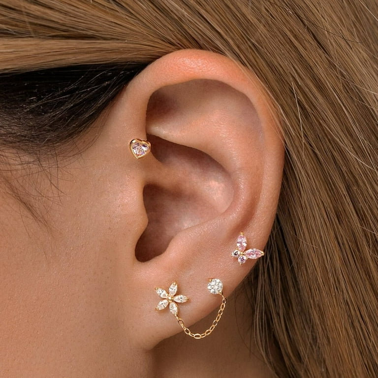 Anygolds 14K Real Solid Gold Marquise Cubic Zirconia Flower Chain Stud Earrings CZ Upper Earlobe Cartilage Helix Tragus Ear Post Stud Earrings
