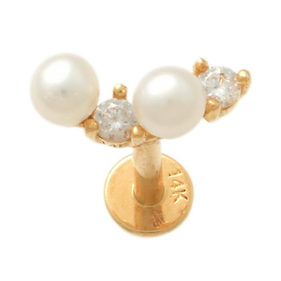 Anygolds 14K real solid Gold Women's Double Pearl CZ Stud Piercing 18G