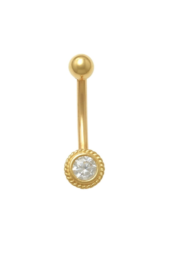 14K Real Solid Gold Round Cubic Zirconia Barbell Earring Eyebrow Body Piercing Jewelry 16Gauge - MBJ4838-CZ-8Y Yellow Gold