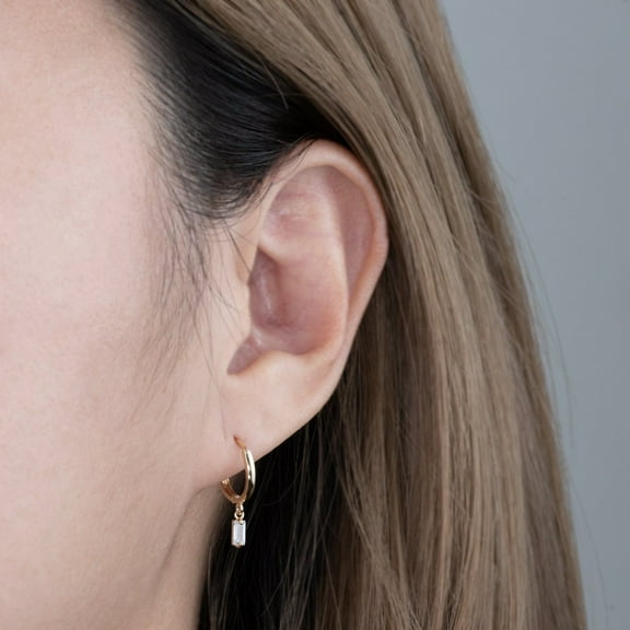 Anygolds 14K Real Solid Gold Square CZ Drop Huggie Earrings - Dangle Hinge Hoop