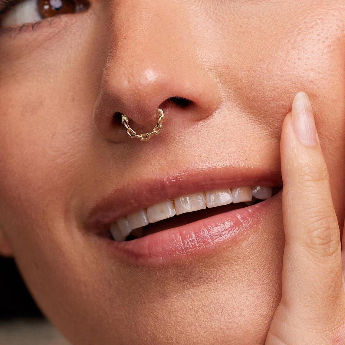 Anygolds 14K Real Solid Gold Square Chain Link Hoop Septum, Cartilage, Nose Ring 16g