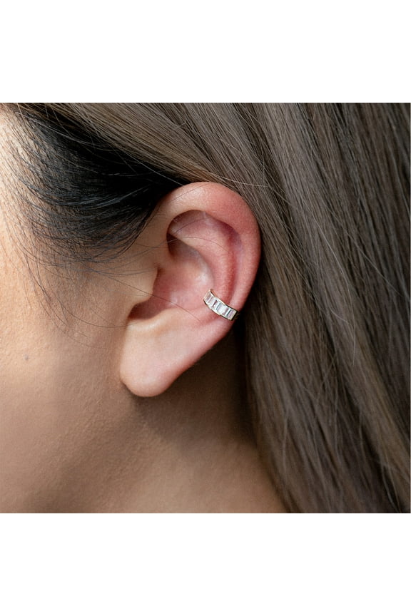 14K Real Solid Gold Straight Baguette Cubic Zirconia Ear Cuff Wrap Earring CZ - MBJ1767-CZY Yellow Gold