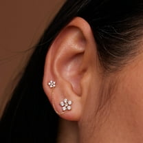 Anygolds 14K Real Solid Gold Two Flower CZ Chain Stud Earrings - Cartilage, Helix