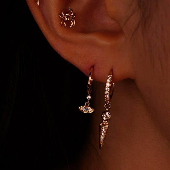 Anygolds 14K Solid Gold CZ Evil Eye Hoop Earrings - Clicker, Cartilage, Helix