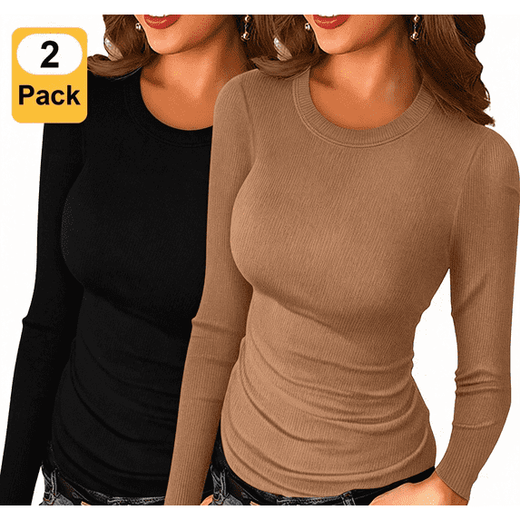 Anygrew 2 Pack Women Long Sleeve Top Casual Basic Slim Knit Ribbed T Shirt