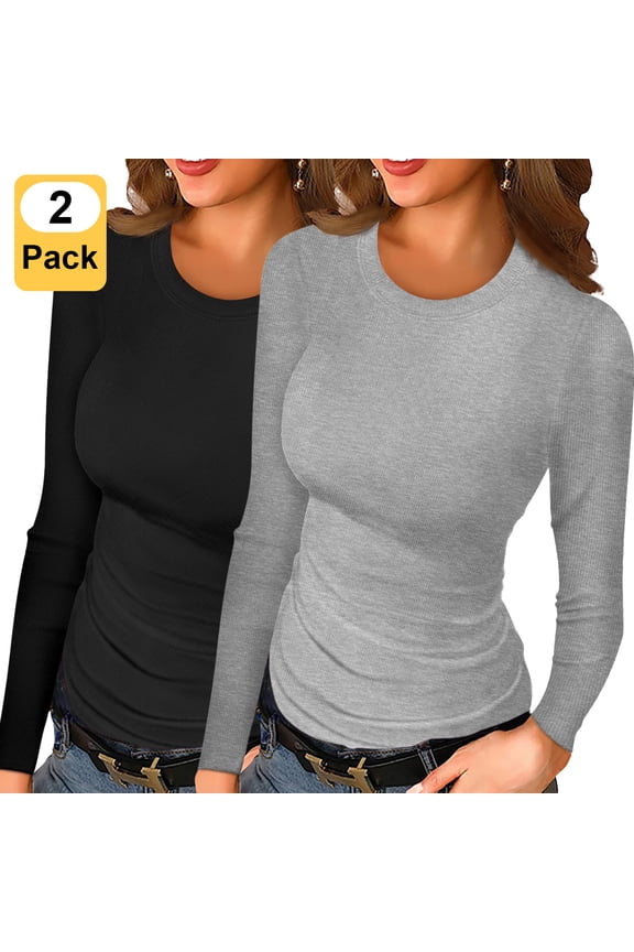 2 Pack Women Long Sleeve Top Casual Basic Slim Knit Ribbed T Shirt