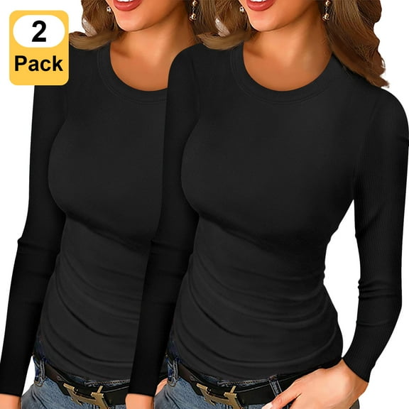 Anygrew 2 Pack Women Long Sleeve Top Casual Basic Slim Knit Ribbed T Shirt
