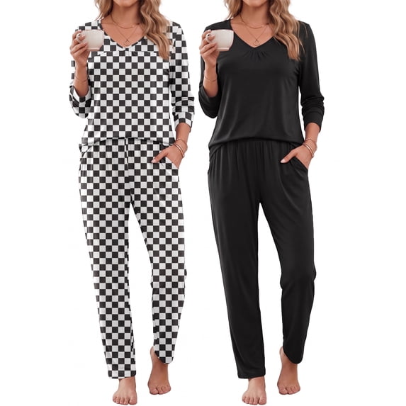 Anygrew Women's 2 Pack Long Sleeve Pajama Sets V Neck Lounge Sets Sleepwear With Pockets