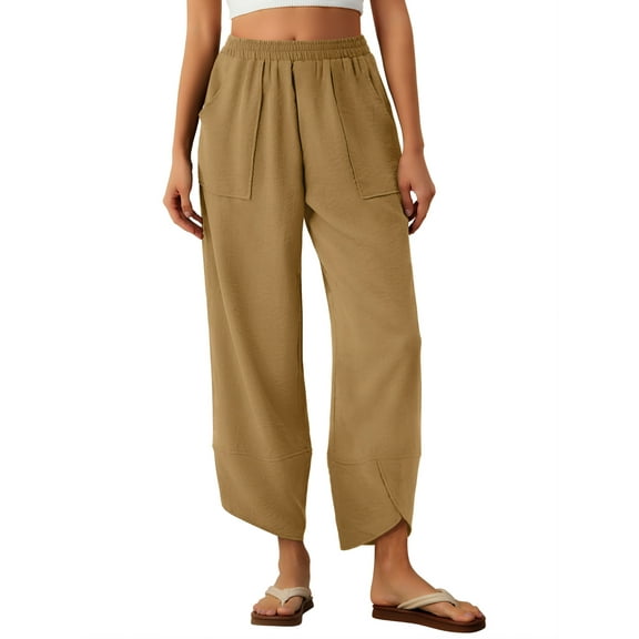 Anygrew Womens Baggy Wide Leg Pants Elastic Waisted Casual Palazzo Harem Pants Summer Beach Trousers with Pockets S-XXL