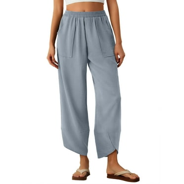 Anygrew Womens Baggy Wide Leg Pants Elastic Waisted Casual Palazzo Harem Pants Summer Beach Trousers with Pockets S-XXL