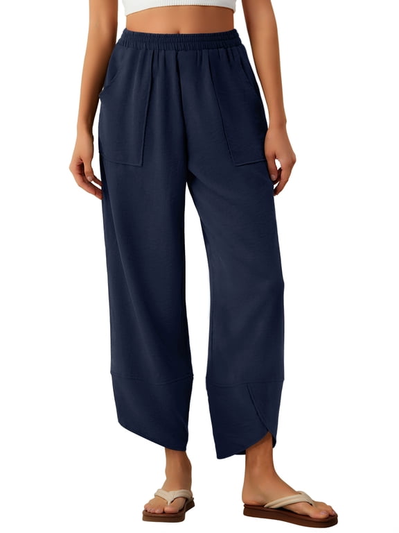Womens Baggy Wide Leg Pants Elastic Waisted Casual Palazzo Harem Pants Summer Beach Trousers with Pockets S-XXL