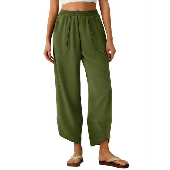 Anygrew Womens Baggy Wide Leg Pants Elastic Waisted Casual Palazzo Harem Pants Summer Beach Trousers with Pockets S-XXL