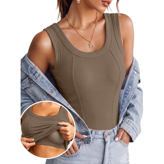 Anygrew Women Built-in Bra Tank Tops Sleeveless Casual Shirts Racerback Ribbed Fitted Tank Tops Casual Basic Slim Fit Ribbed Top