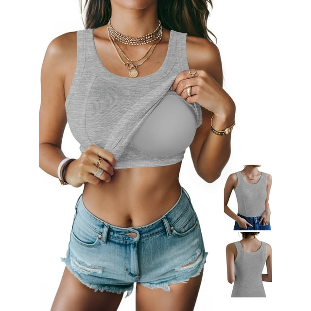 Anygrew Women Built-in Bra Tank Tops Sleeveless Casual Shirts Racerback Ribbed Fitted Tank Tops Casual Basic Slim Fit Ribbed Top