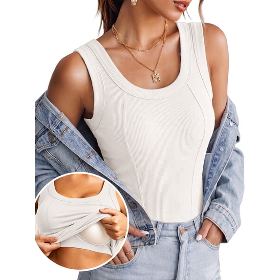 Anygrew Women Built-in Bra Tank Tops Sleeveless Casual Shirts Racerback Ribbed Fitted Tank Tops Casual Basic Slim Fit Ribbed Top