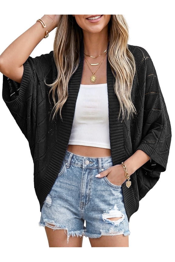 Women's Lightweight Crochet Cardigan - Open Front Batwing Sleeve Hollow Out Summer Cover Up