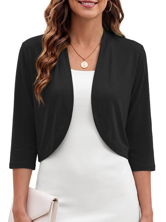 Women's Lightweight Cardigans Casual 3/4 Sleeves Shrugs Open Front Cropped Cardigan Bolero for Dress