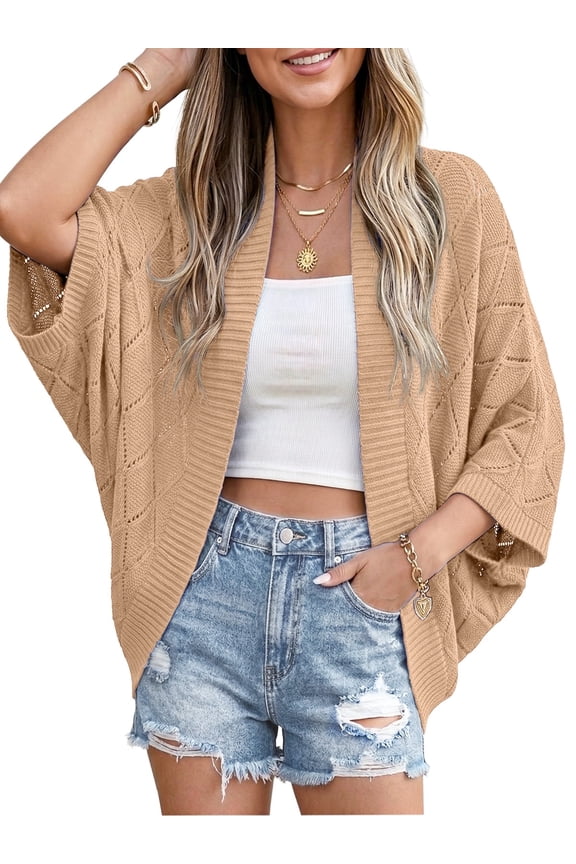 Women's Lightweight Crochet Cardigan - Open Front Batwing Sleeve Hollow Out Summer Cover Up