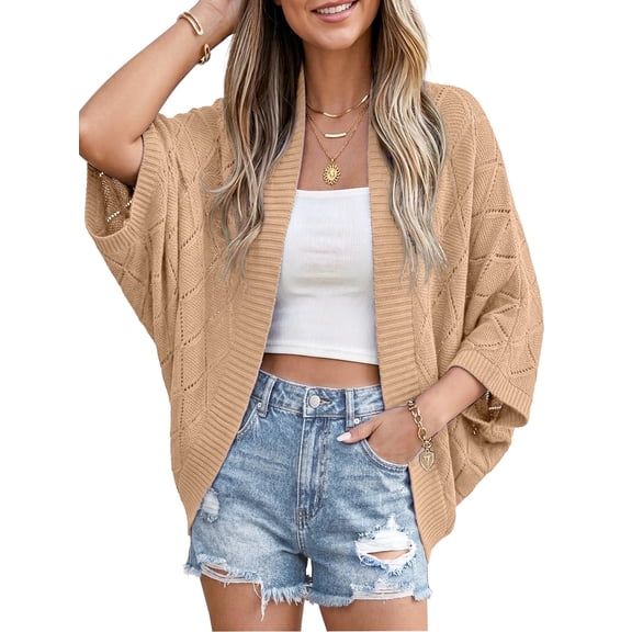 Anygrew Women's Lightweight Crochet Cardigan - Open Front Batwing Sleeve Hollow Out Summer Cover Up
