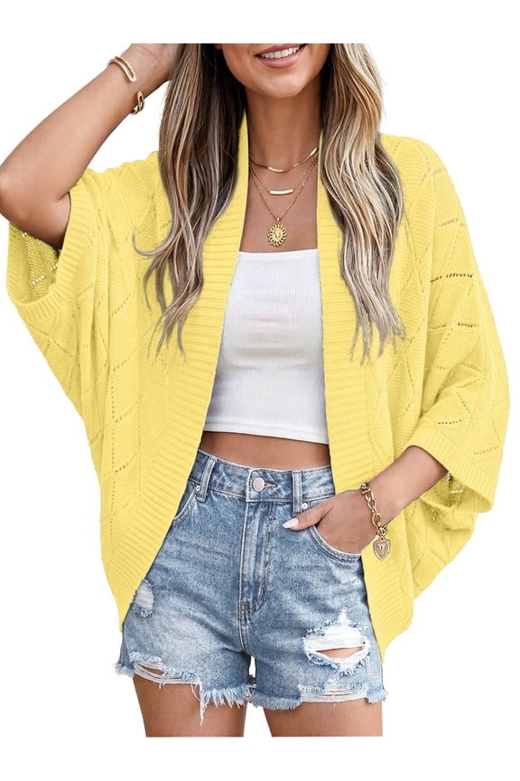 Women's Lightweight Crochet Cardigan - Open Front Batwing Sleeve Hollow Out Summer Cover Up