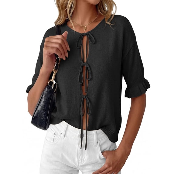 Anygrew Women's Lightweight Knit Cardigan - Tie Front Ruffle Short Sleeve Open Front Summer Cover Up Sweater Top