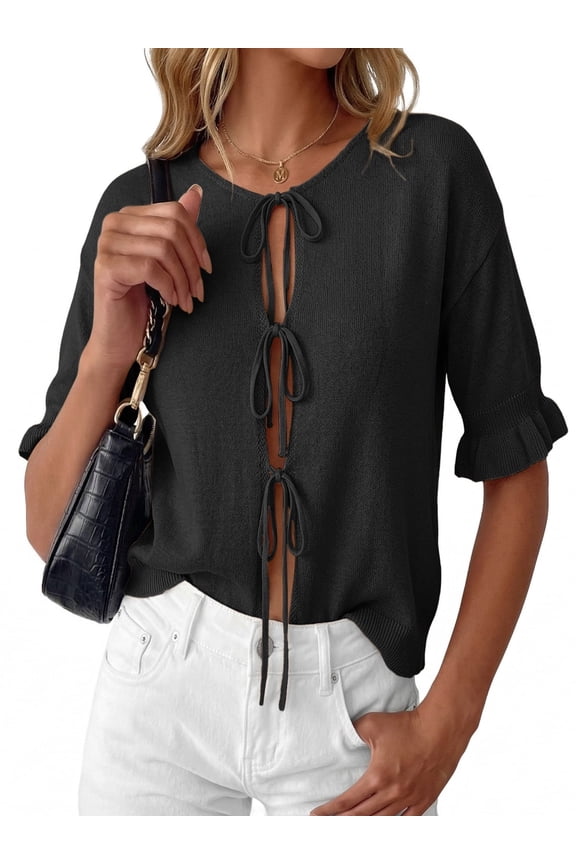 Women's Lightweight Knit Cardigan - Tie Front Ruffle Short Sleeve Open Front Summer Cover Up Sweater Top