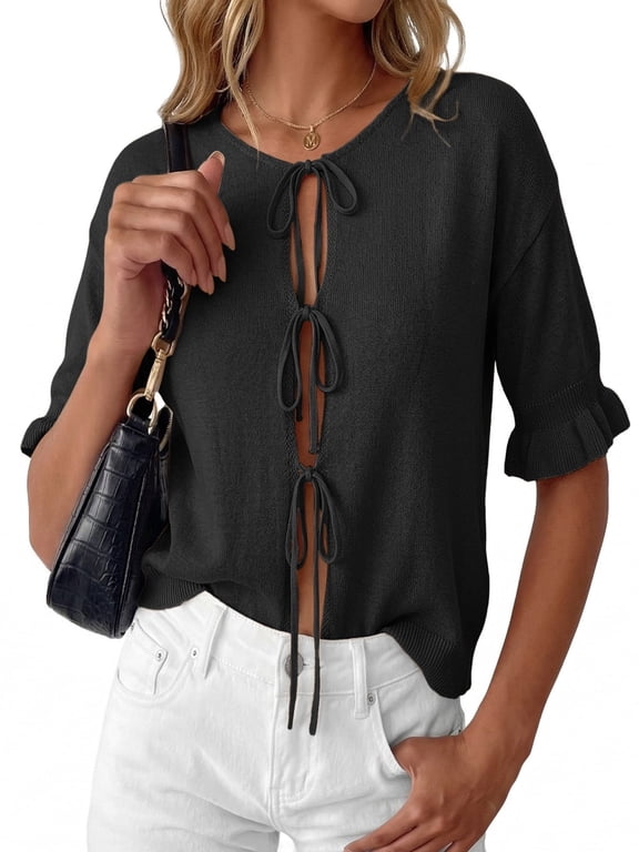 Women's Lightweight Knit Cardigan - Tie Front Ruffle Short Sleeve Open Front Summer Cover Up Sweater Top