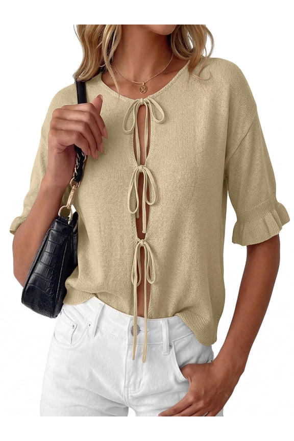 Women's Lightweight Knit Cardigan - Tie Front Ruffle Short Sleeve Open Front Summer Cover Up Sweater Top
