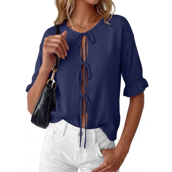 Anygrew Women's Lightweight Knit Cardigan - Tie Front Ruffle Short Sleeve Open Front Summer Cover Up Sweater Top