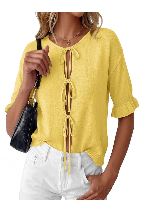 Women's Lightweight Knit Cardigan - Tie Front Ruffle Short Sleeve Open Front Summer Cover Up Sweater Top