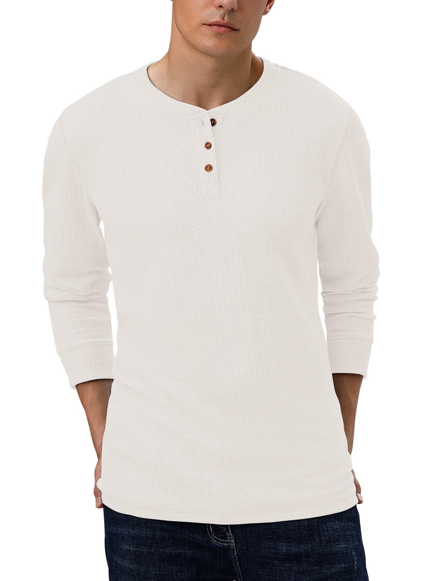 GIRUNS Men's Long Sleeve Waffle Henley Casual T-shirts, Soft