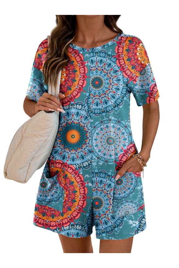 Rompers for Women Casual Short Sleeve Oversized Athletic Workout Reversible Hot Shot Tee Romper Deep Pockets
