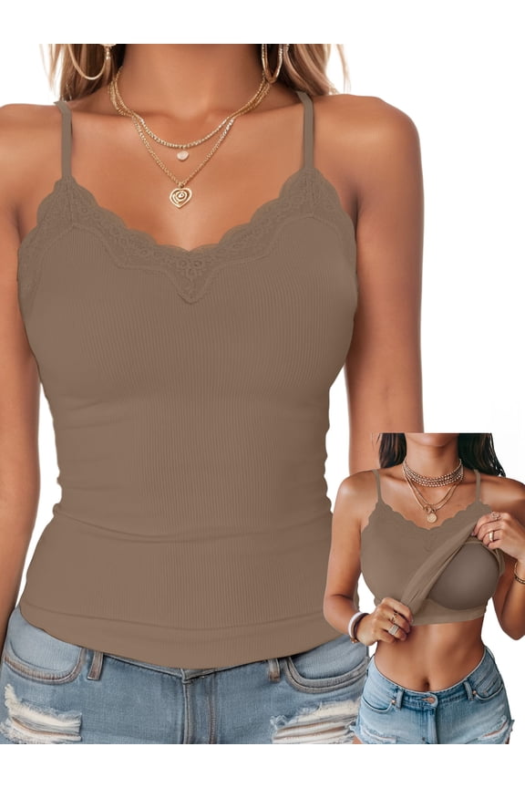 Tank Top for Women with Built in Bra Lace Adjustable Spaghetti Strap Camisoles Ribbed Slim Basic Tops