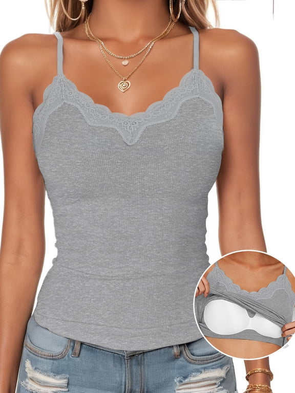 Tank Top for Women with Built in Bra Lace Adjustable Spaghetti Strap Camisoles Ribbed Slim Basic Tops