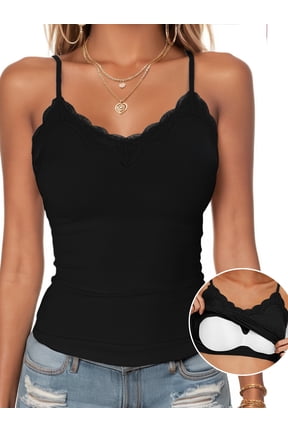 Tank Top for Women with Built in Bra Lace Adjustable Spaghetti Strap Camisoles Ribbed Slim Basic Tops